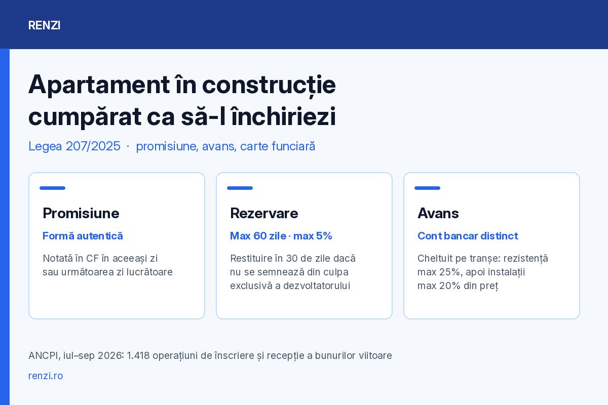 Apartament în construcție cumpărat pentru închiriere: promisiune autentică notată în CF, rezervare de maximum 60 de zile și 5%, avans în cont bancar distinct, conform Legii 207/2025
