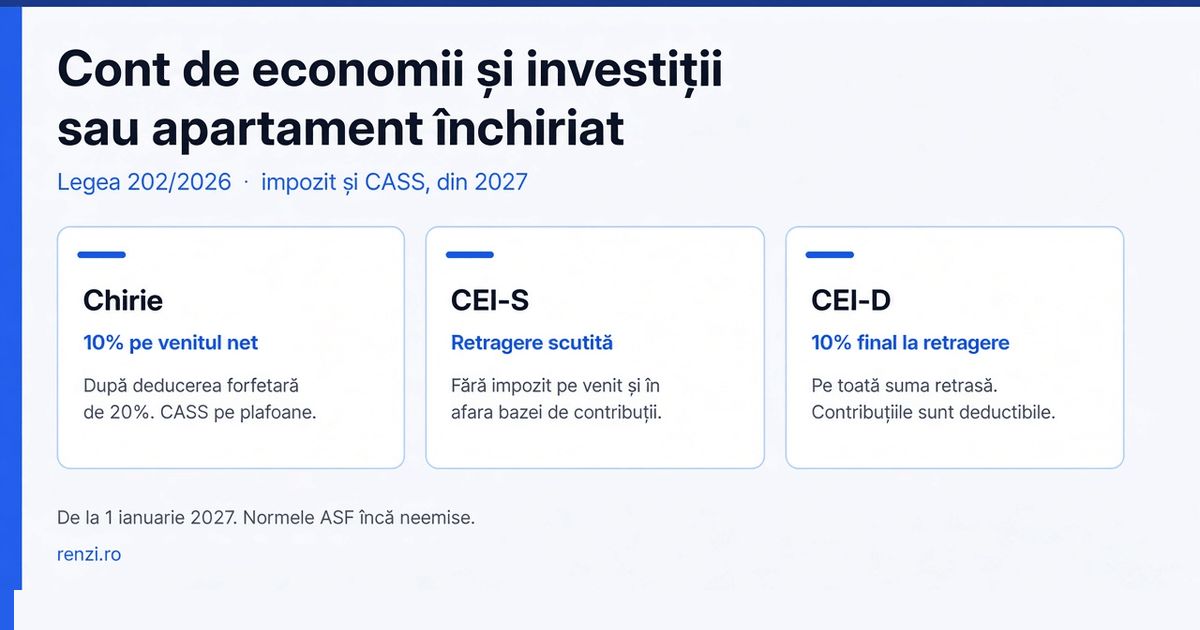 Compară fiscal chiria cu conturile CEI-S și CEI-D din Legea 202/2026: 10% pe venitul net la chirie, retragere scutită la CEI-S, 10% final la retragerea din CEI-D, de la 1 ianuarie 2027