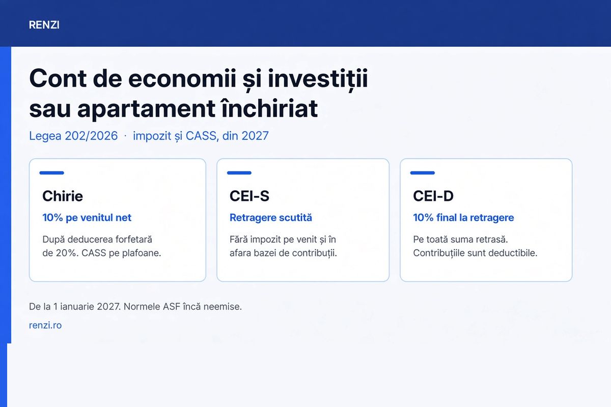 Compară fiscal chiria cu conturile CEI-S și CEI-D din Legea 202/2026: 10% pe venitul net la chirie, retragere scutită la CEI-S, 10% final la retragerea din CEI-D, de la 1 ianuarie 2027 Compară fiscal chiria cu conturile CEI-S și CEI-D din Legea 202/2026: 10% pe venitul net la chirie, retragere scutită la CEI-S, 10% final la retragerea din CEI-D, de la 1 ianuarie 2027