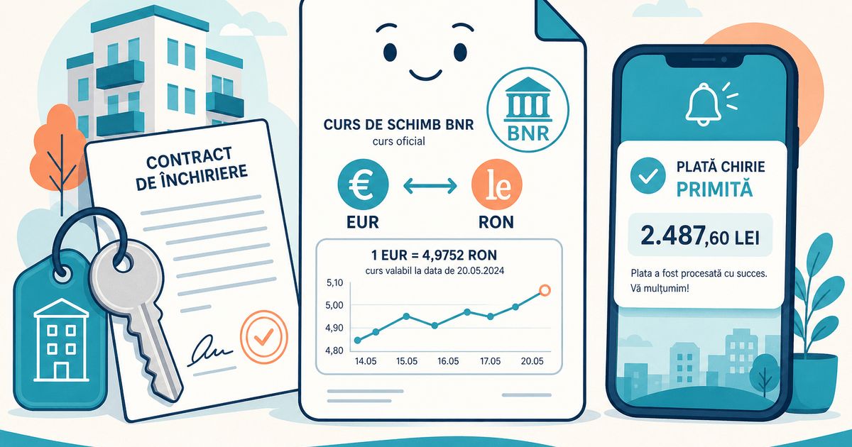 Ilustrație: factură în euro convertită la cursul BNR pentru chirie și plăți în lei