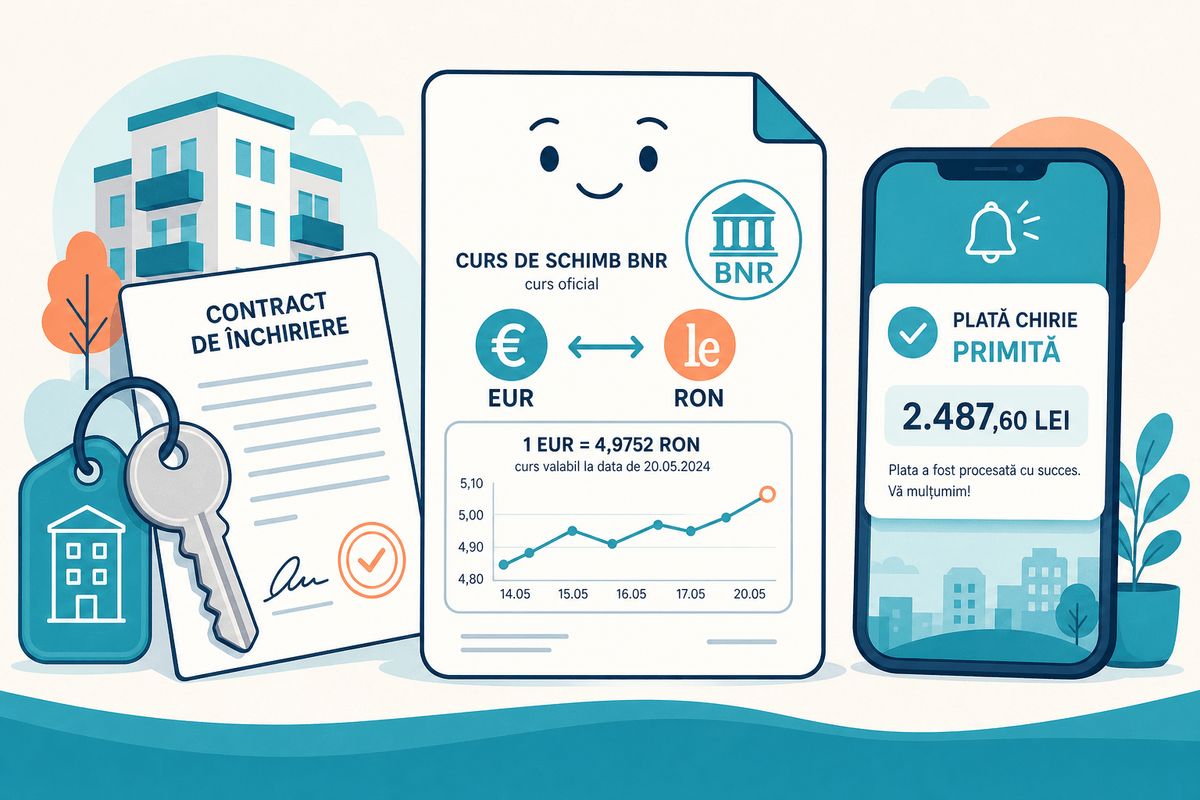 Ilustrație: factură în euro convertită la cursul BNR pentru chirie și plăți în lei
